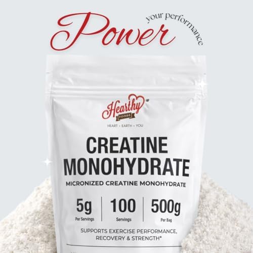 HEARTHY FOODS Creatine Monohydrate Micronized Powder 500G   100 Servings  5000mg Per Serving  5g    for Men & Women Muscle Growth & Recovery   UNFLAVORED