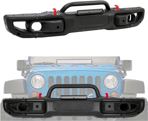 HECASA Front Bumper Compatible with 2007 2018 Jeep Wrangler JK Rubicon W/Sensor Hole and Winch Mount Plate 10th Anniversary Style 3PCs Black