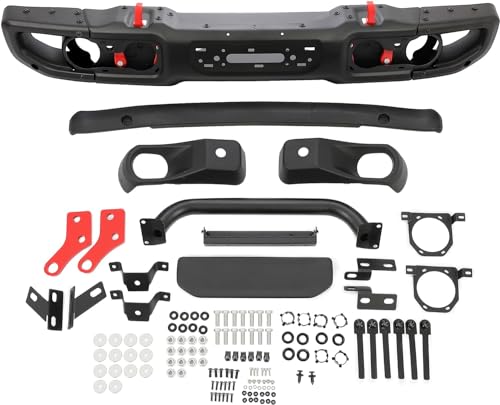 HECASA Front Bumper Compatible with 2007 2018 Jeep Wrangler JK Rubicon W/Sensor Hole and Winch Mount Plate 10th Anniversary Style 3PCs Black