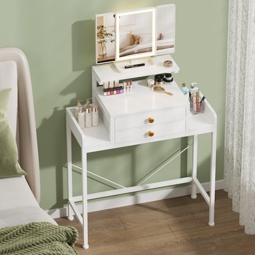 HIGDBFE Vanity Desk with Mirror and Lights  28 4W Small Makeup Vanity Table with Height Adjustable Stand  2 Fabric Drawers Compact Makeup Desk  Gift for Girls  Bedroom Small Space  White