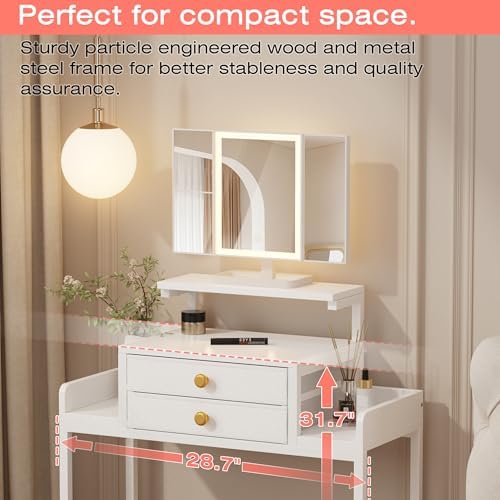 HIGDBFE Vanity Desk with Mirror and Lights  28 4W Small Makeup Vanity Table with Height Adjustable Stand  2 Fabric Drawers Compact Makeup Desk  Gift for Girls  Bedroom Small Space  White