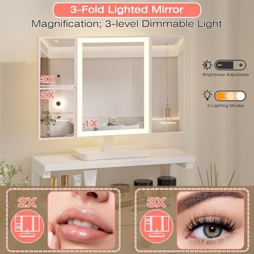HIGDBFE Vanity Desk with Mirror and Lights  28 4W Small Makeup Vanity Table with Height Adjustable Stand  2 Fabric Drawers Compact Makeup Desk  Gift for Girls  Bedroom Small Space  White