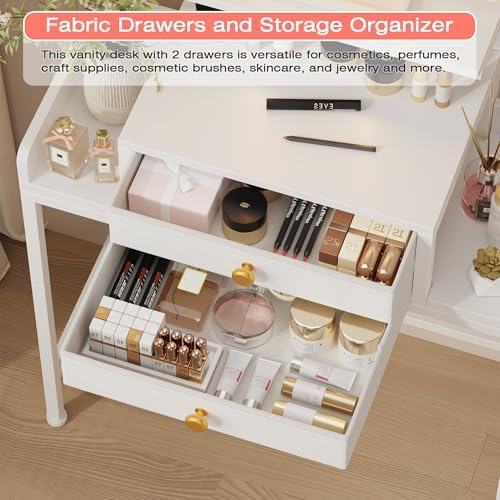 HIGDBFE Vanity Desk with Mirror and Lights  28 4W Small Makeup Vanity Table with Height Adjustable Stand  2 Fabric Drawers Compact Makeup Desk  Gift for Girls  Bedroom Small Space  White