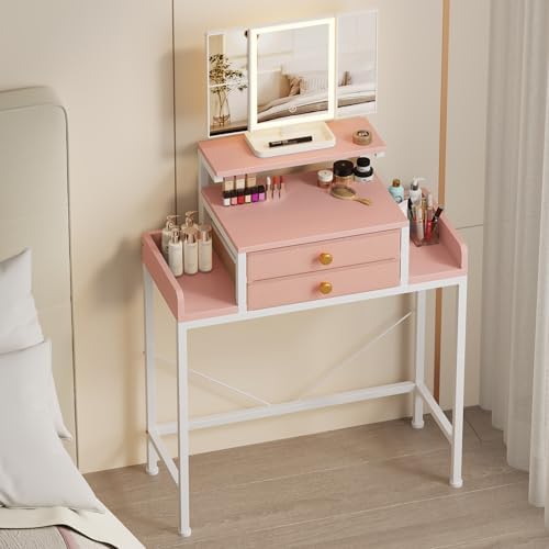 HIGDBFE Vanity Desk with Mirror and Lights  28 4W Small Makeup Vanity Table with Height Adjustable Stand  2 Fabric Drawers Compact Makeup Desk  Gift for Girls  Bedroom Small Space  White