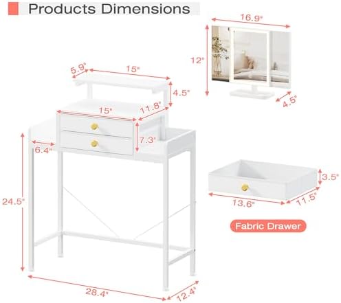 HIGDBFE Vanity Desk with Mirror and Lights  28 4W Small Makeup Vanity Table with Height Adjustable Stand  2 Fabric Drawers Compact Makeup Desk  Gift for Girls  Bedroom Small Space  White