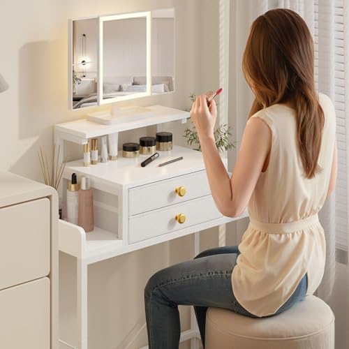 HIGDBFE Vanity Desk with Mirror and Lights  28 4W Small Makeup Vanity Table with Height Adjustable Stand  2 Fabric Drawers Compact Makeup Desk  Gift for Girls  Bedroom Small Space  White