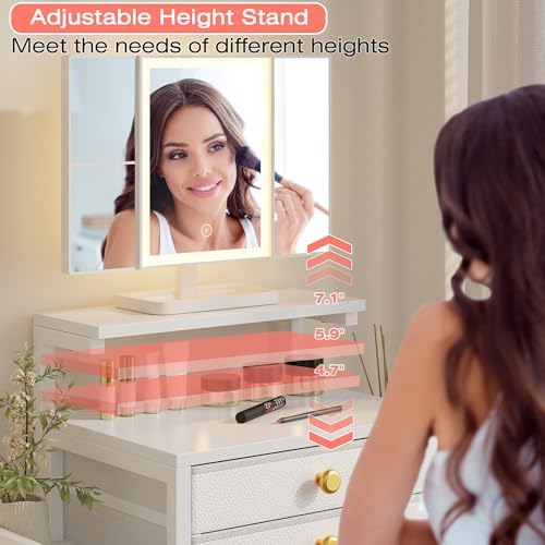 HIGDBFE Vanity Desk with Mirror and Lights  28 4W Small Makeup Vanity Table with Height Adjustable Stand  2 Fabric Drawers Compact Makeup Desk  Gift for Girls  Bedroom Small Space  White