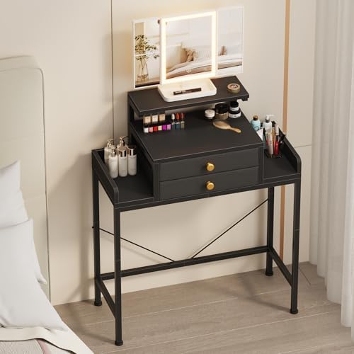 HIGDBFE Vanity Desk with Mirror and Lights  28 4W Small Makeup Vanity Table with Height Adjustable Stand  2 Fabric Drawers Compact Makeup Desk  Gift for Girls  Bedroom Small Space  White