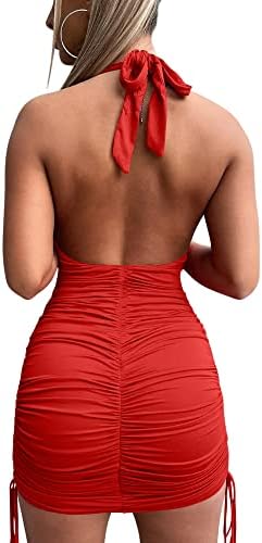 HOCILLE Womens Sexy Halter Bodycon V Neck Backless Ruched Drawstring Mini Club Party Dresses