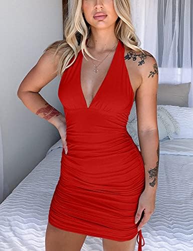 HOCILLE Womens Sexy Halter Bodycon V Neck Backless Ruched Drawstring Mini Club Party Dresses