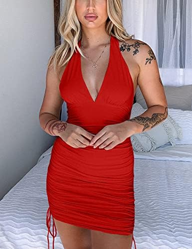 HOCILLE Womens Sexy Halter Bodycon V Neck Backless Ruched Drawstring Mini Club Party Dresses