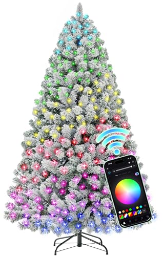 HOLLO STAR 6 ft Flocked Prelit Christmas Tree with 350 LED Lights  App Control  Artificial Christmas Tree  Multi Color RGBW Lights  947 Branch Tips  Snow Xmas Tree  for Home  Party
