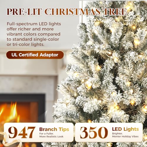 HOLLO STAR 6 ft Flocked Prelit Christmas Tree with 350 LED Lights  App Control  Artificial Christmas Tree  Multi Color RGBW Lights  947 Branch Tips  Snow Xmas Tree  for Home  Party