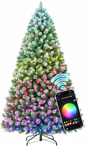 HOLLO STAR 6 ft Prelit Christmas Tree with 250 LED Lights  App Control  Artificial Christmas Tree  Multi Color RGBW Lights  914 Flocked Frosted Tips  58 Pine Cones  Metal Base  for Home  Party