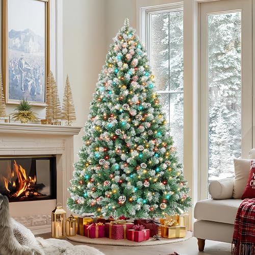 HOLLO STAR 6 ft Prelit Christmas Tree with 250 LED Lights  App Control  Artificial Christmas Tree  Multi Color RGBW Lights  914 Flocked Frosted Tips  58 Pine Cones  Metal Base  for Home  Party