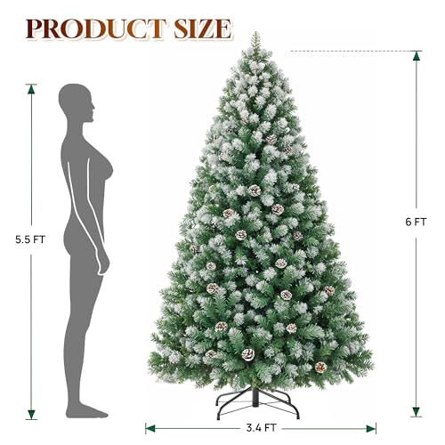 HOLLO STAR 6 ft Prelit Christmas Tree with 250 LED Lights  App Control  Artificial Christmas Tree  Multi Color RGBW Lights  914 Flocked Frosted Tips  58 Pine Cones  Metal Base  for Home  Party