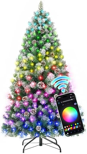 HOLLO STAR 6 ft Prelit Christmas Tree with 250 LED Lights  App Control  Artificial Christmas Tree  Multi Color RGBW Lights  914 Flocked Frosted Tips  58 Pine Cones  Metal Base  for Home  Party