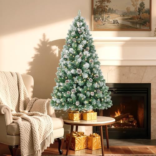 HOLLO STAR 6 ft Prelit Christmas Tree with 250 LED Lights  App Control  Artificial Christmas Tree  Multi Color RGBW Lights  914 Flocked Frosted Tips  58 Pine Cones  Metal Base  for Home  Party