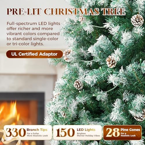 HOLLO STAR 6 ft Prelit Christmas Tree with 250 LED Lights  App Control  Artificial Christmas Tree  Multi Color RGBW Lights  914 Flocked Frosted Tips  58 Pine Cones  Metal Base  for Home  Party