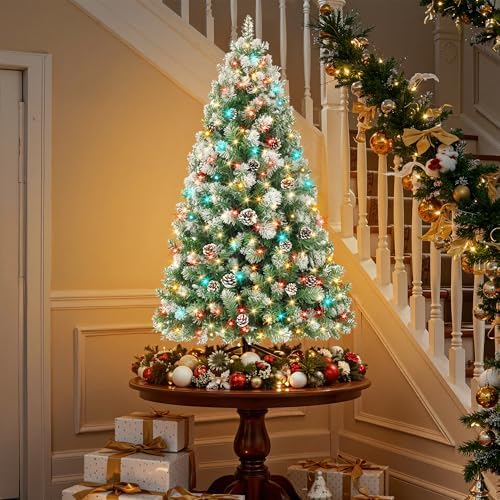 HOLLO STAR 6 ft Prelit Christmas Tree with 250 LED Lights  App Control  Artificial Christmas Tree  Multi Color RGBW Lights  914 Flocked Frosted Tips  58 Pine Cones  Metal Base  for Home  Party
