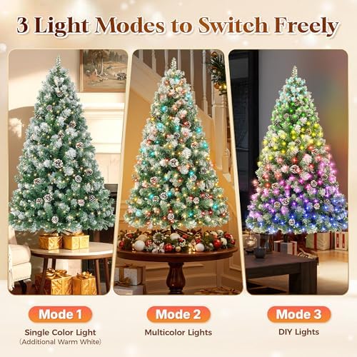 HOLLO STAR 6 ft Prelit Christmas Tree with 250 LED Lights  App Control  Artificial Christmas Tree  Multi Color RGBW Lights  914 Flocked Frosted Tips  58 Pine Cones  Metal Base  for Home  Party