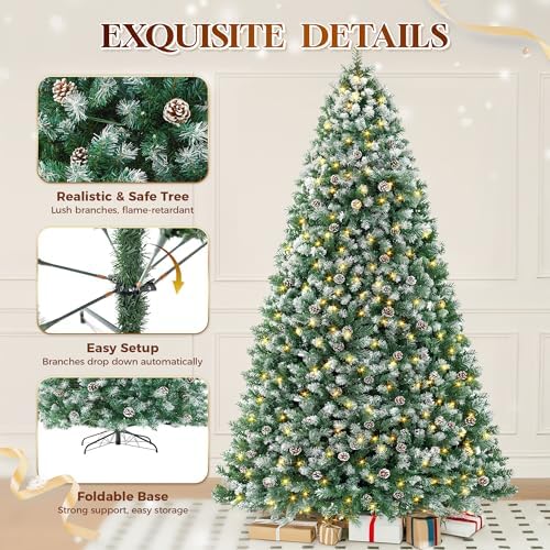 HOLLO STAR 6 ft Prelit Christmas Tree with 250 LED Lights  App Control  Artificial Christmas Tree  Multi Color RGBW Lights  914 Flocked Frosted Tips  58 Pine Cones  Metal Base  for Home  Party
