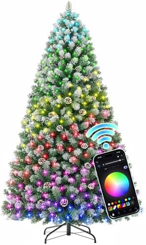 HOLLO STAR 6 ft Prelit Christmas Tree with 250 LED Lights  App Control  Artificial Christmas Tree  Multi Color RGBW Lights  914 Flocked Frosted Tips  58 Pine Cones  Metal Base  for Home  Party