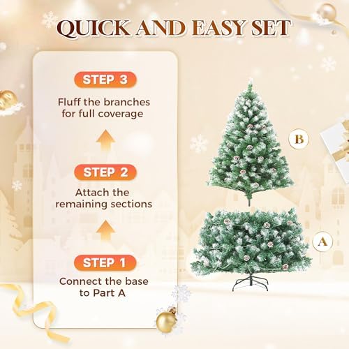 HOLLO STAR 6 ft Prelit Christmas Tree with 250 LED Lights  App Control  Artificial Christmas Tree  Multi Color RGBW Lights  914 Flocked Frosted Tips  58 Pine Cones  Metal Base  for Home  Party