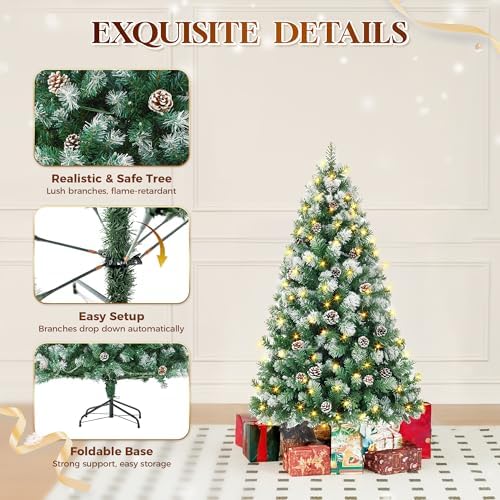 HOLLO STAR 6 ft Prelit Christmas Tree with 250 LED Lights  App Control  Artificial Christmas Tree  Multi Color RGBW Lights  914 Flocked Frosted Tips  58 Pine Cones  Metal Base  for Home  Party