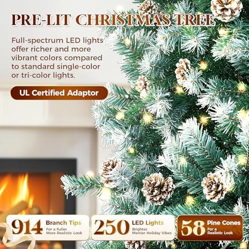 HOLLO STAR 6 ft Prelit Christmas Tree with 250 LED Lights  App Control  Artificial Christmas Tree  Multi Color RGBW Lights  914 Flocked Frosted Tips  58 Pine Cones  Metal Base  for Home  Party