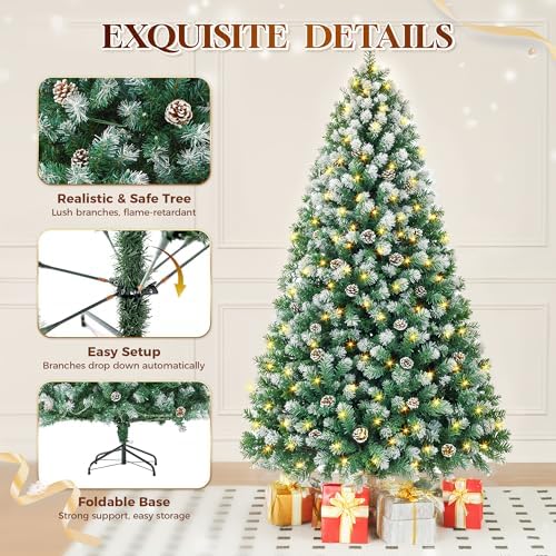 HOLLO STAR 6 ft Prelit Christmas Tree with 250 LED Lights  App Control  Artificial Christmas Tree  Multi Color RGBW Lights  914 Flocked Frosted Tips  58 Pine Cones  Metal Base  for Home  Party