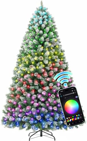 HOLLO STAR 6 ft Prelit Christmas Tree with 250 LED Lights  App Control  Artificial Christmas Tree  Multi Color RGBW Lights  914 Flocked Frosted Tips  58 Pine Cones  Metal Base  for Home  Party