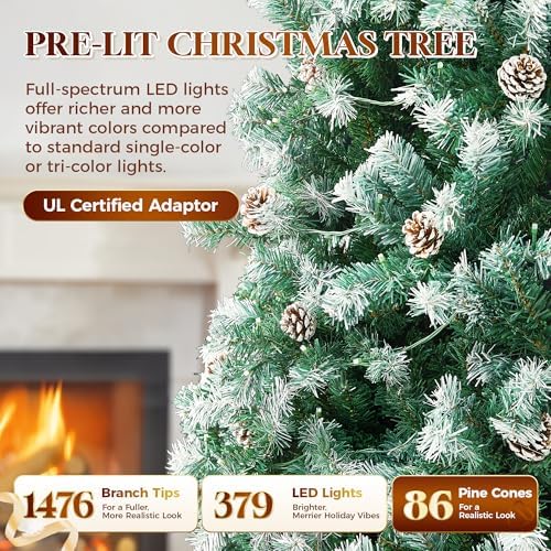 HOLLO STAR 6 ft Prelit Christmas Tree with 250 LED Lights  App Control  Artificial Christmas Tree  Multi Color RGBW Lights  914 Flocked Frosted Tips  58 Pine Cones  Metal Base  for Home  Party