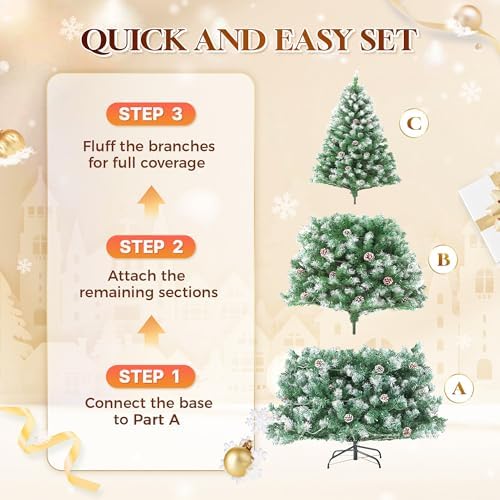 HOLLO STAR 6 ft Prelit Christmas Tree with 250 LED Lights  App Control  Artificial Christmas Tree  Multi Color RGBW Lights  914 Flocked Frosted Tips  58 Pine Cones  Metal Base  for Home  Party