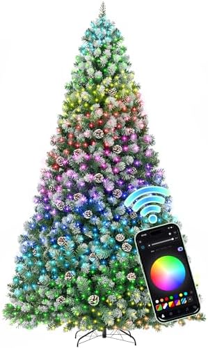 HOLLO STAR 6 ft Prelit Christmas Tree with 250 LED Lights  App Control  Artificial Christmas Tree  Multi Color RGBW Lights  914 Flocked Frosted Tips  58 Pine Cones  Metal Base  for Home  Party