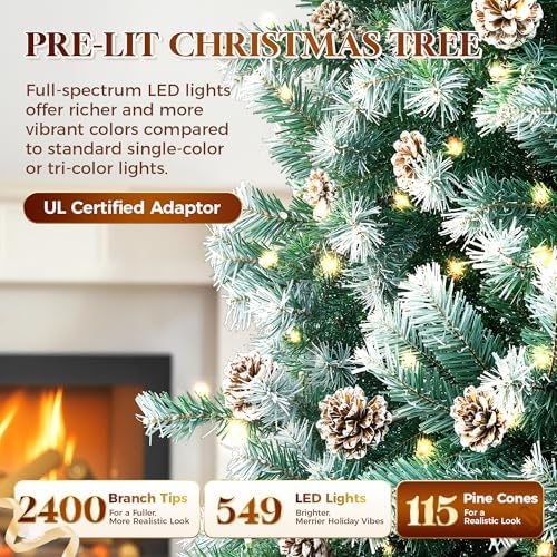 HOLLO STAR 6 ft Prelit Christmas Tree with 250 LED Lights  App Control  Artificial Christmas Tree  Multi Color RGBW Lights  914 Flocked Frosted Tips  58 Pine Cones  Metal Base  for Home  Party