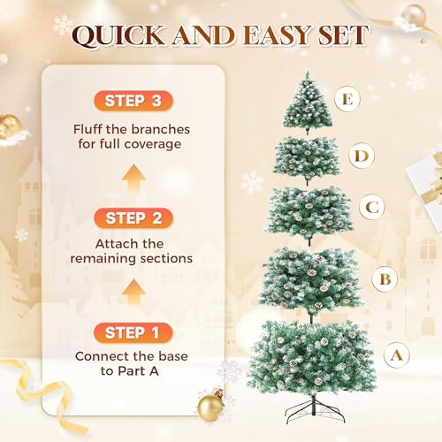 HOLLO STAR 6 ft Prelit Christmas Tree with 250 LED Lights  App Control  Artificial Christmas Tree  Multi Color RGBW Lights  914 Flocked Frosted Tips  58 Pine Cones  Metal Base  for Home  Party