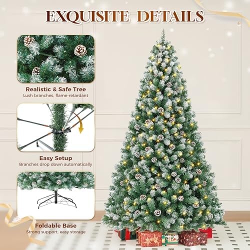 HOLLO STAR 6 ft Prelit Christmas Tree with 250 LED Lights  App Control  Artificial Christmas Tree  Multi Color RGBW Lights  914 Flocked Frosted Tips  58 Pine Cones  Metal Base  for Home  Party