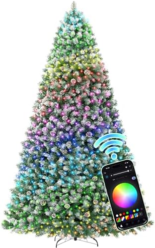 HOLLO STAR 6 ft Prelit Christmas Tree with 250 LED Lights  App Control  Artificial Christmas Tree  Multi Color RGBW Lights  914 Flocked Frosted Tips  58 Pine Cones  Metal Base  for Home  Party