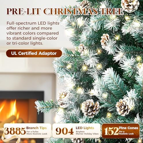 HOLLO STAR 6 ft Prelit Christmas Tree with 250 LED Lights  App Control  Artificial Christmas Tree  Multi Color RGBW Lights  914 Flocked Frosted Tips  58 Pine Cones  Metal Base  for Home  Party
