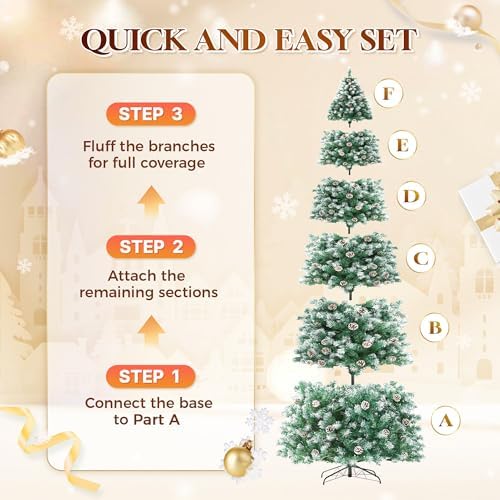 HOLLO STAR 6 ft Prelit Christmas Tree with 250 LED Lights  App Control  Artificial Christmas Tree  Multi Color RGBW Lights  914 Flocked Frosted Tips  58 Pine Cones  Metal Base  for Home  Party