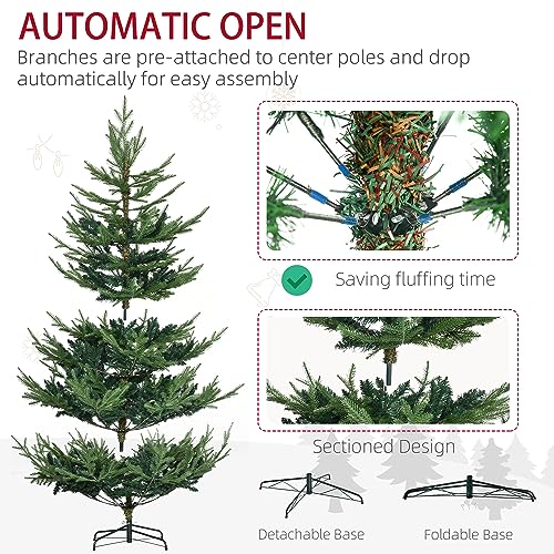 HOMCOM 6 Foot Artificial Christmas Tree  Nordic Pine Hinged Xmas Tree with 795 Realistic Branches  Wide Steel Base  Auto Open  Green