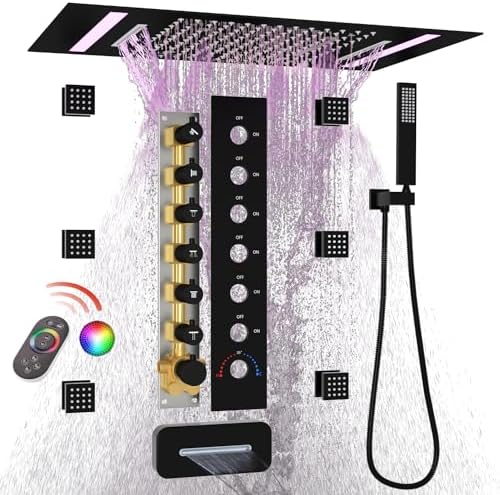 HOMEDEC LED Multi Functions Full Body Shower System with 6pcs Body Jets Spray with Up/Down  Shower Spout  Large 3 In 1 Functions 14x20inch Showerhead  Rainfall Mist Shower Faucet Set Complete  Black