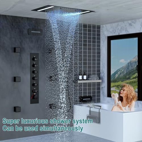 HOMEDEC LED Multi Functions Full Body Shower System with 6pcs Body Jets Spray with Up/Down  Shower Spout  Large 3 In 1 Functions 14x20inch Showerhead  Rainfall Mist Shower Faucet Set Complete  Black