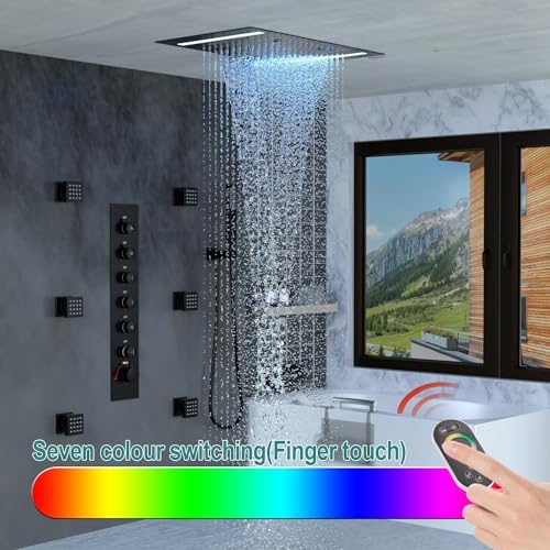 HOMEDEC LED Multi Functions Full Body Shower System with 6pcs Body Jets Spray with Up/Down  Shower Spout  Large 3 In 1 Functions 14x20inch Showerhead  Rainfall Mist Shower Faucet Set Complete  Black