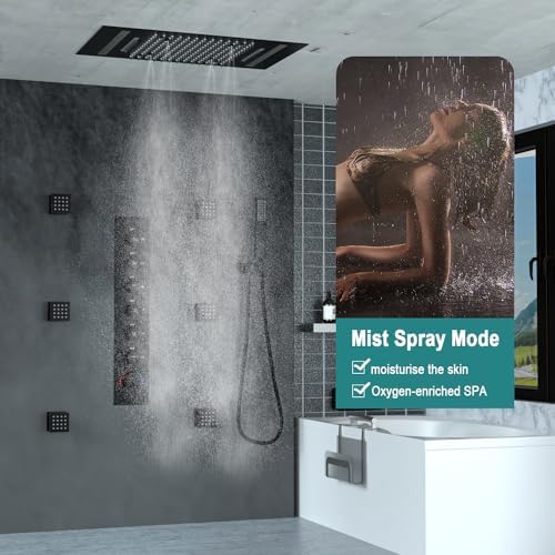 HOMEDEC LED Multi Functions Full Body Shower System with 6pcs Body Jets Spray with Up/Down  Shower Spout  Large 3 In 1 Functions 14x20inch Showerhead  Rainfall Mist Shower Faucet Set Complete  Black