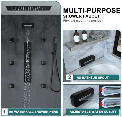 HOMEDEC LED Multi Functions Full Body Shower System with 6pcs Body Jets Spray with Up/Down  Shower Spout  Large 3 In 1 Functions 14x20inch Showerhead  Rainfall Mist Shower Faucet Set Complete  Black