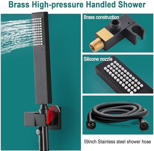 HOMEDEC LED Multi Functions Full Body Shower System with 6pcs Body Jets Spray with Up/Down  Shower Spout  Large 3 In 1 Functions 14x20inch Showerhead  Rainfall Mist Shower Faucet Set Complete  Black