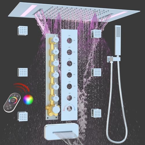 HOMEDEC LED Multi Functions Full Body Shower System with 6pcs Body Jets Spray with Up/Down  Shower Spout  Large 3 In 1 Functions 14x20inch Showerhead  Rainfall Mist Shower Faucet Set Complete  Black