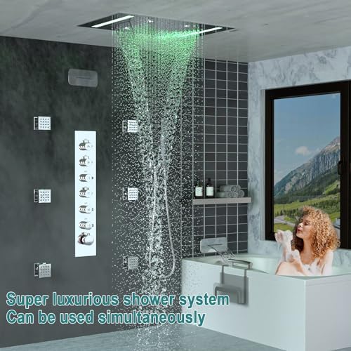HOMEDEC LED Multi Functions Full Body Shower System with 6pcs Body Jets Spray with Up/Down  Shower Spout  Large 3 In 1 Functions 14x20inch Showerhead  Rainfall Mist Shower Faucet Set Complete  Black